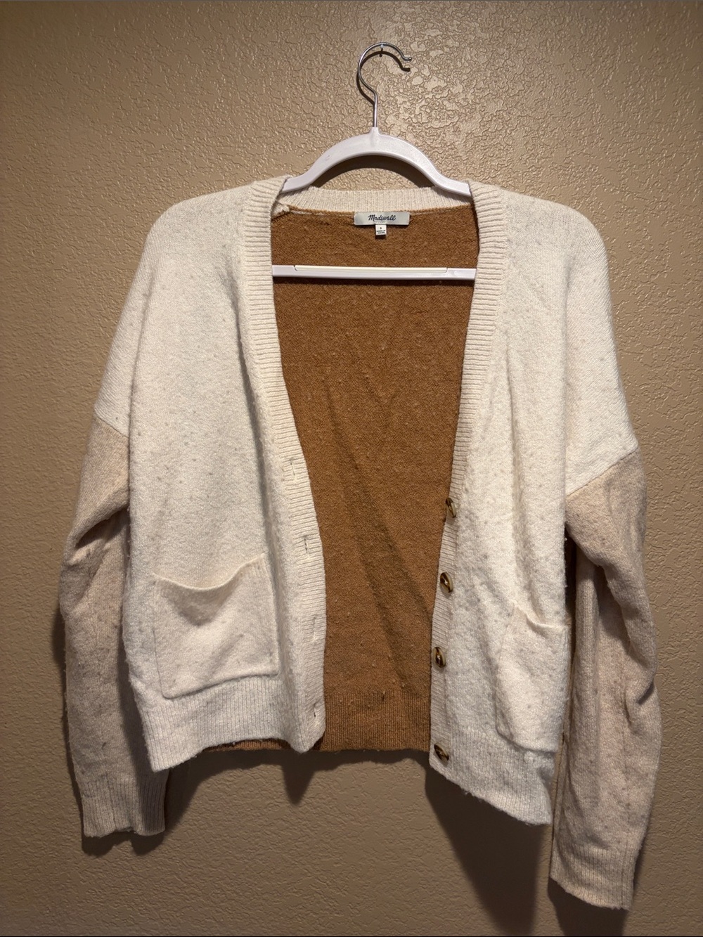 Two-Tone Cream and Brown Button-Front Women's Cardigan